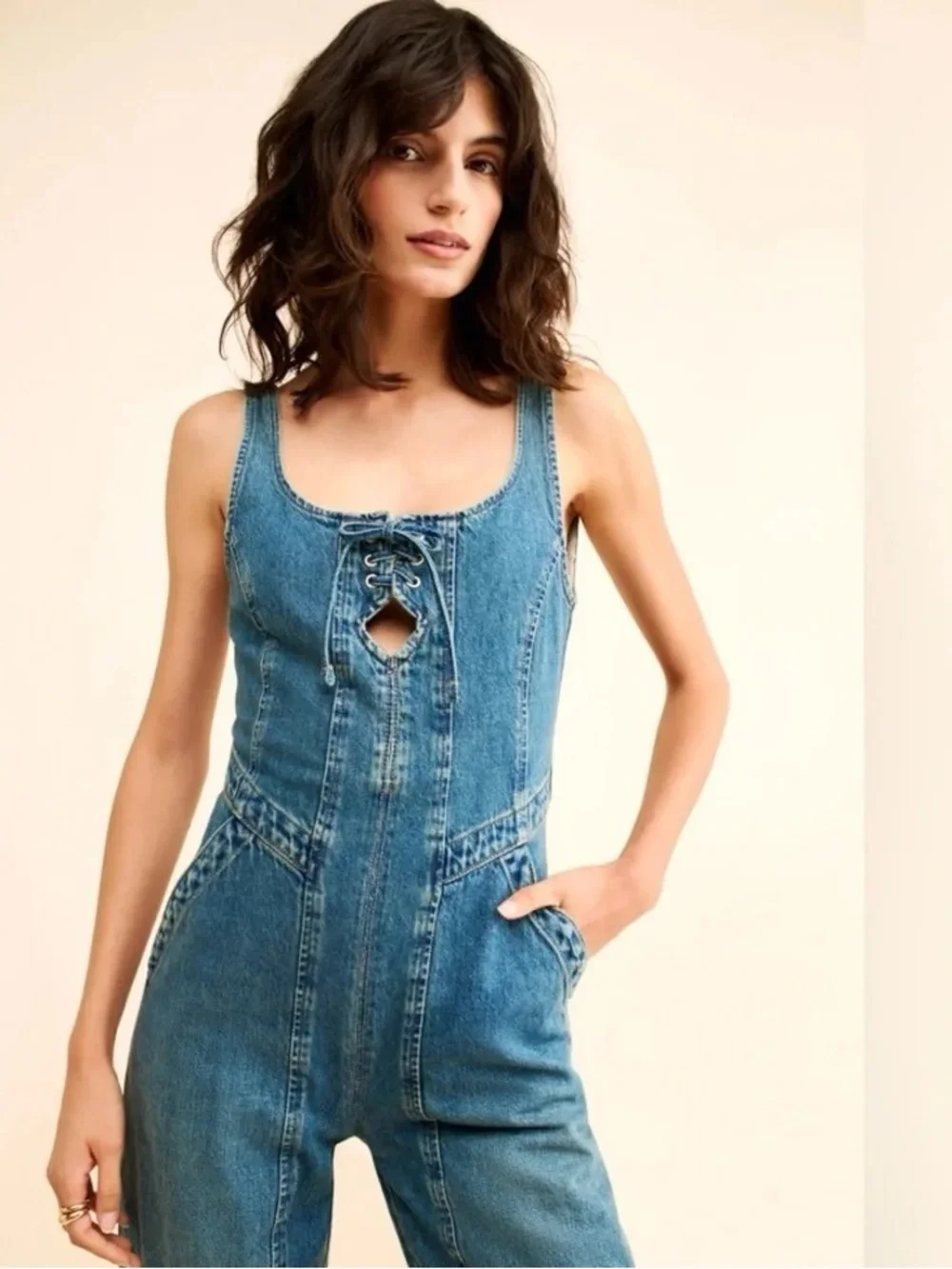 Free People x We The Free Amina Denim Wide Leg & Lace-Up Jumpsuit